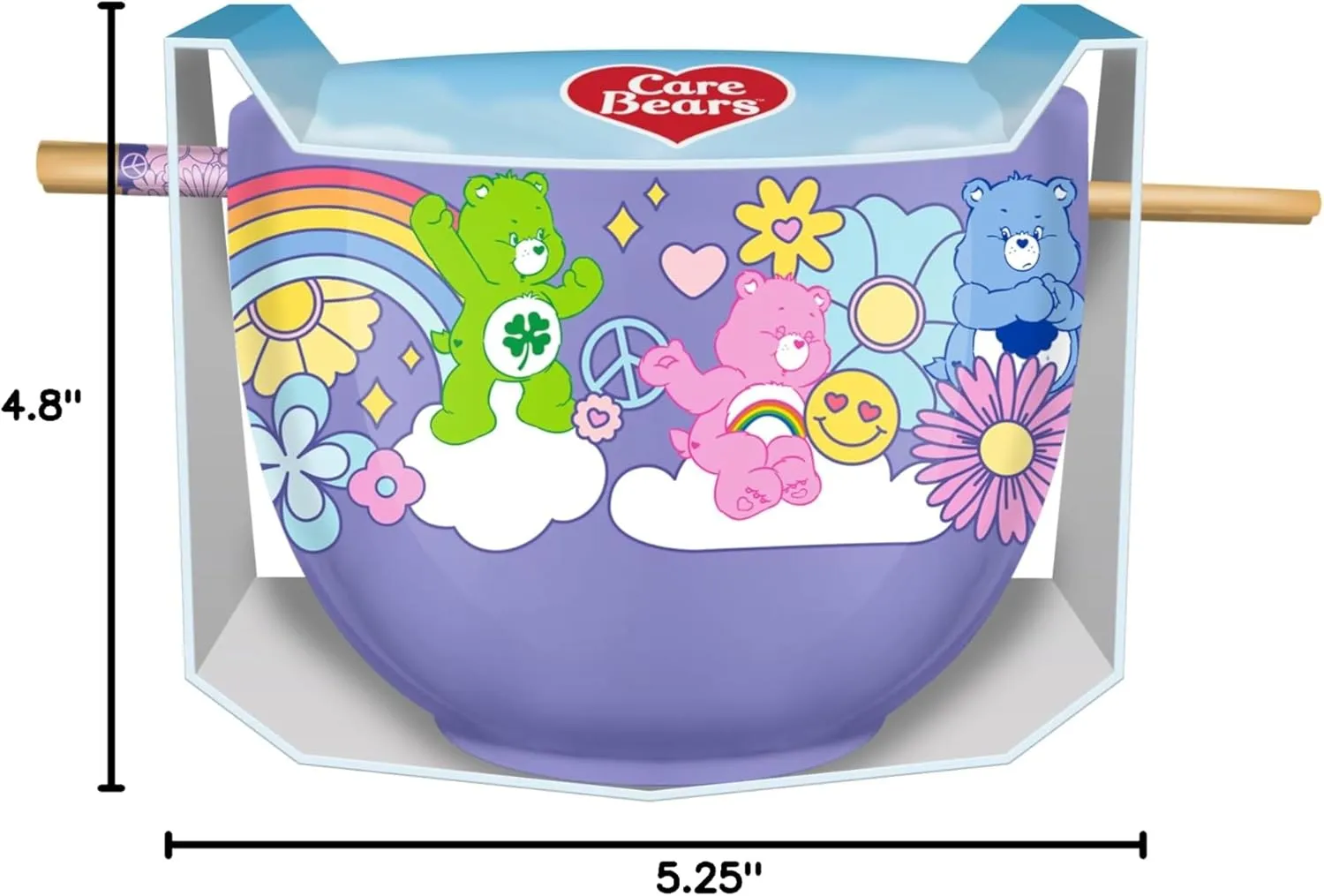 Silver Buffalo Care Bears Flower Power Groovy Clouds Ceramic Ramen Noodle Rice Bowl with Chopsticks, Microwave Safe, 20 Ounces
