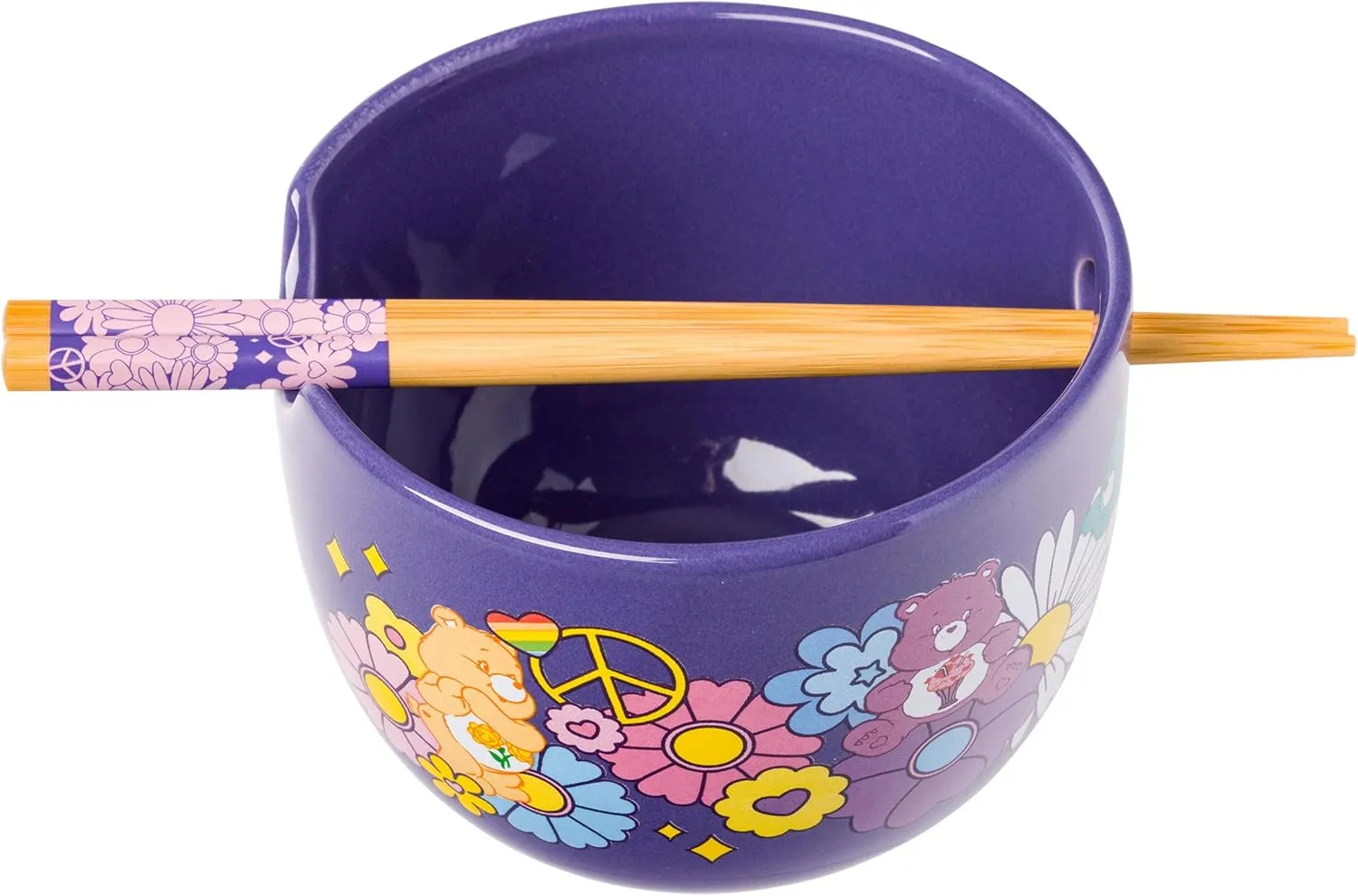 Silver Buffalo Care Bears Flower Power Groovy Clouds Ceramic Ramen Noodle Rice Bowl with Chopsticks, Microwave Safe, 20 Ounces