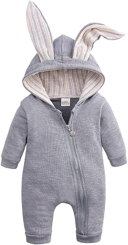 Simplee kids Animal Bunny Baby Easter Romper Long Ear Rabbit Hoodie Romper Jumpsuit with Zipper