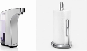 simplehuman 8 oz. Touch-Free Sensor Liquid Soap Pump Dispenser with Soap Sample, Brushed Nickel & Tension Arm Standing Paper Towel Holder, Brushed Stainless Steel