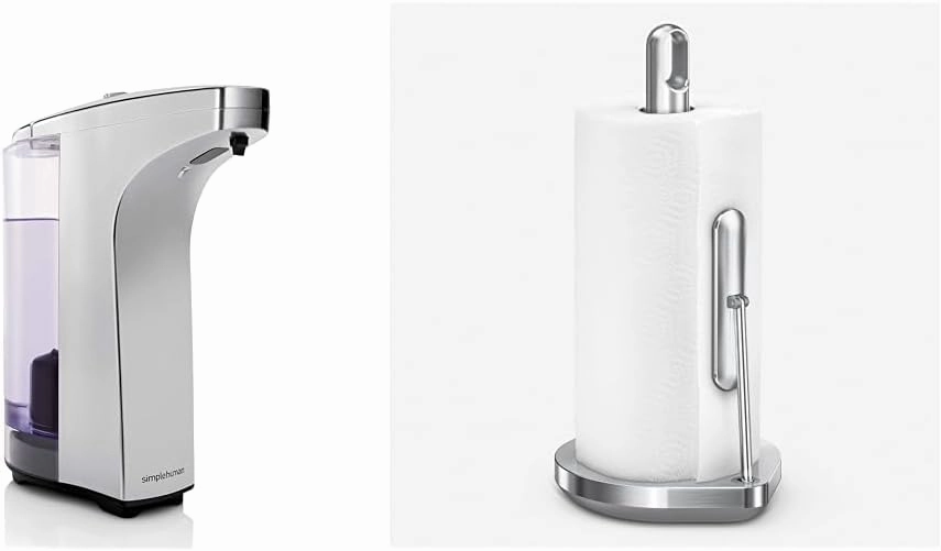 simplehuman 8 oz. Touch-Free Sensor Liquid Soap Pump Dispenser with Soap Sample, Brushed Nickel & Tension Arm Standing Paper Towel Holder, Brushed Stainless Steel