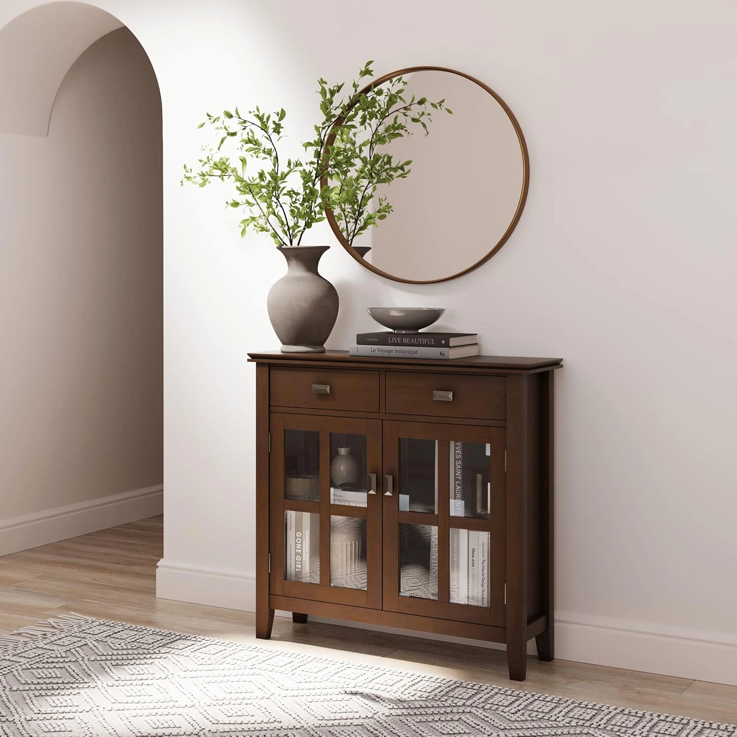SIMPLIHOME Artisan SOLID WOOD 36 Inch Wide Contemporary Entryway Storage Cabinet in Russet Brown, For the Living Room, Entryway and Family Room
