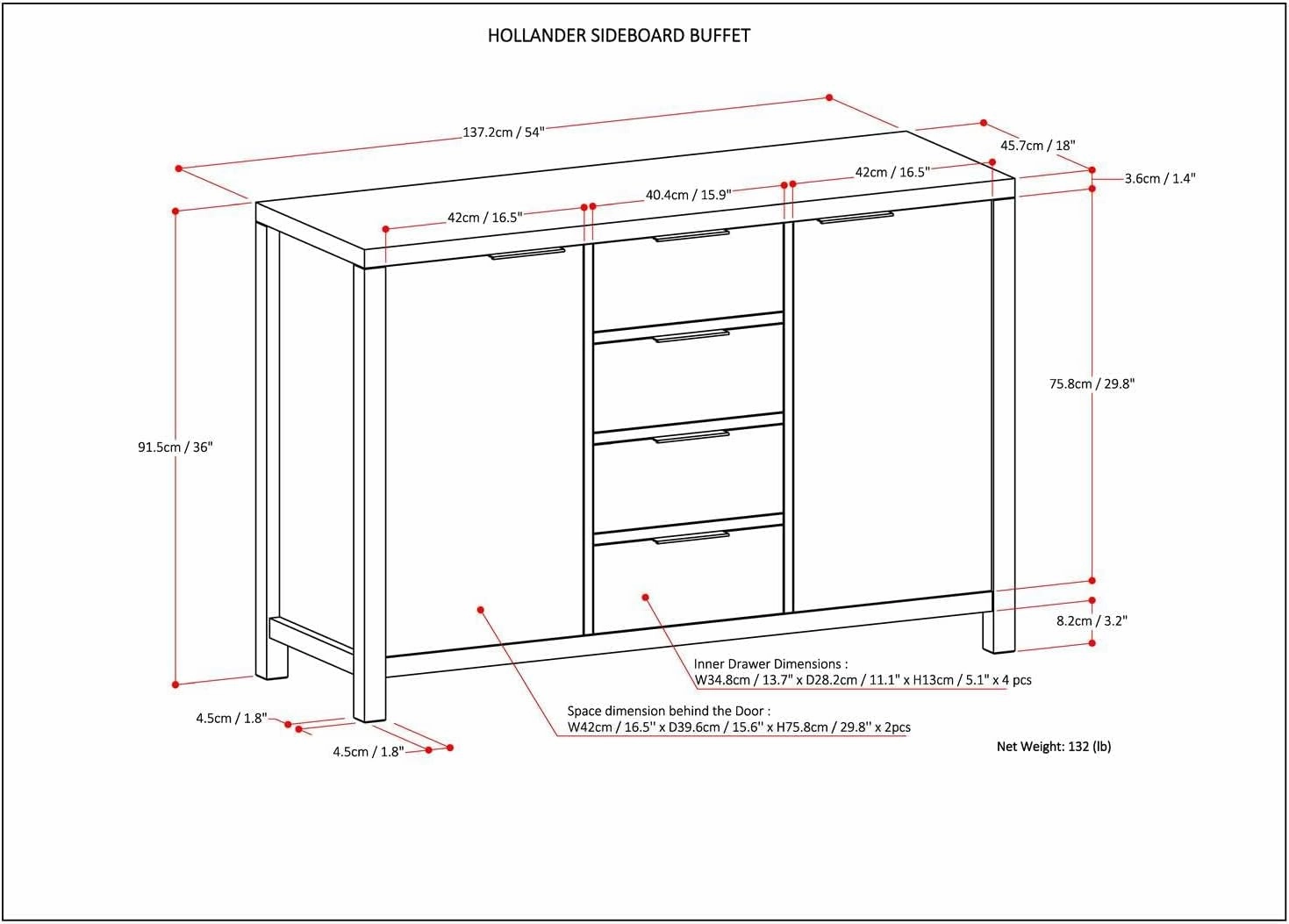 SIMPLIHOME Hollander Buffet - 54 inch Wide Solid Wood 3-Door Sideboard Buffet in White, Contemporary Storage Cabinet for Dining Room or Kitchen with Adjustable Shelves and Metal Handles