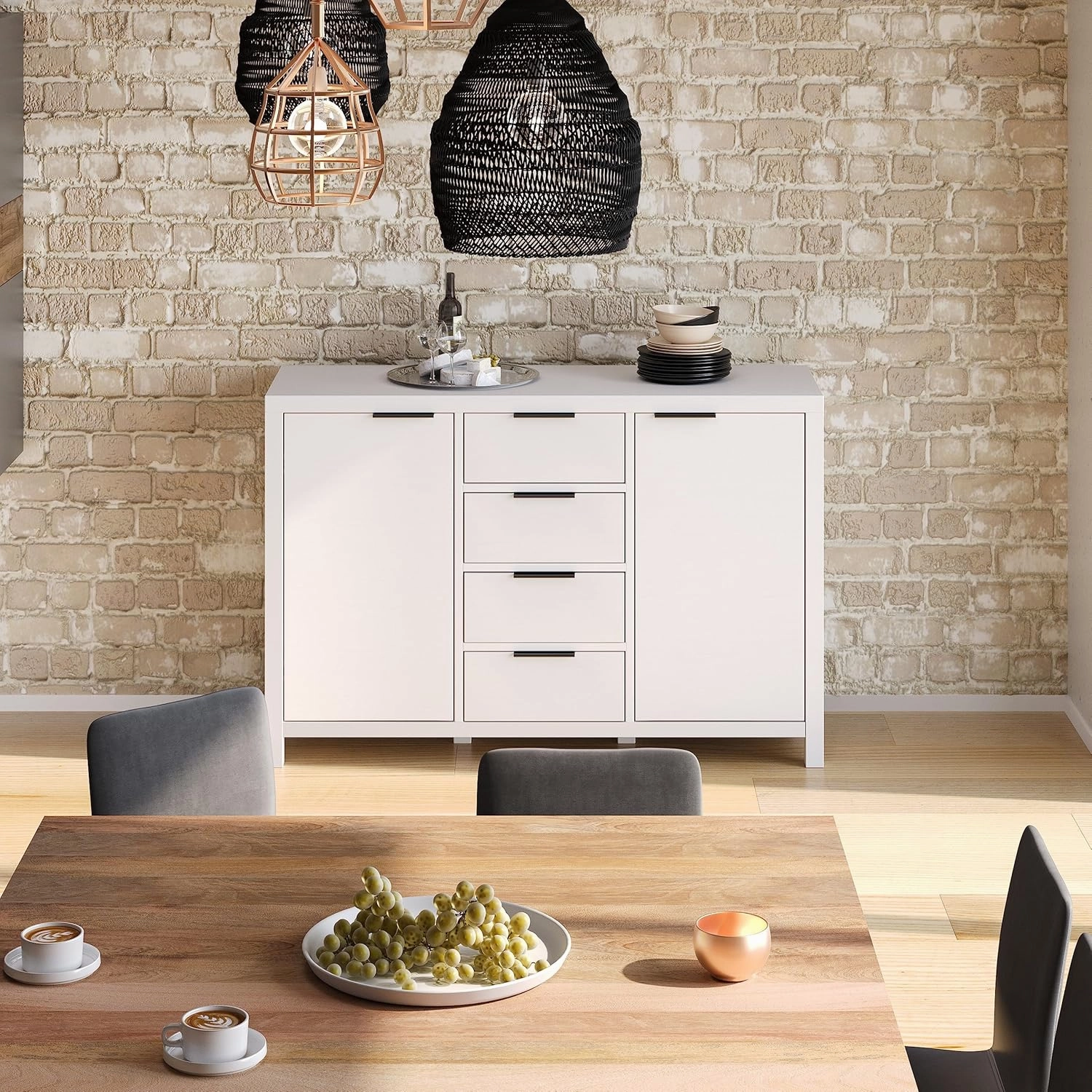 SIMPLIHOME Hollander Buffet - 54 inch Wide Solid Wood 3-Door Sideboard Buffet in White, Contemporary Storage Cabinet for Dining Room or Kitchen with Adjustable Shelves and Metal Handles