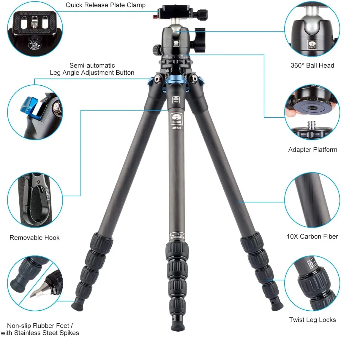 SIRUI AM-225 Camera Tripod Carbon Fiber Tripod 5-Sections Travel Lightweight Small Tripod with B-00K Ball Head,Black