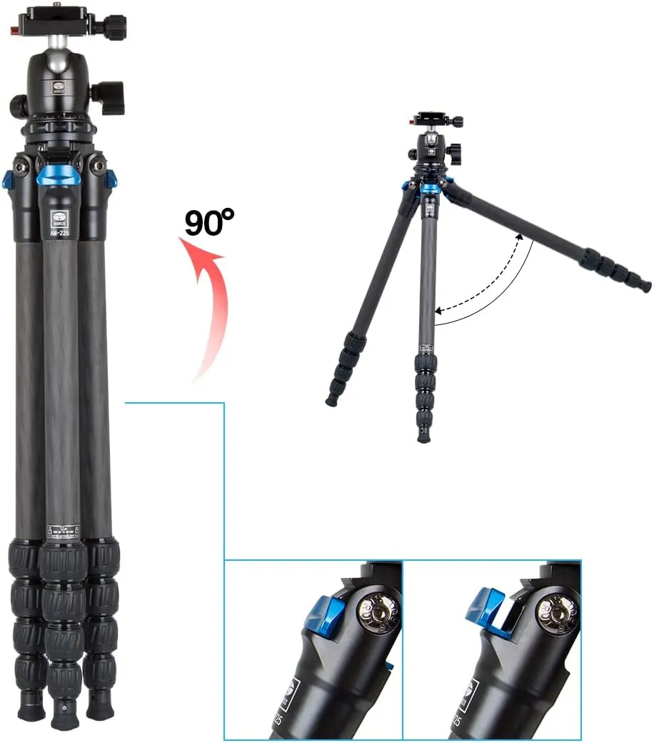 SIRUI AM-225 Camera Tripod Carbon Fiber Tripod 5-Sections Travel Lightweight Small Tripod with B-00K Ball Head,Black