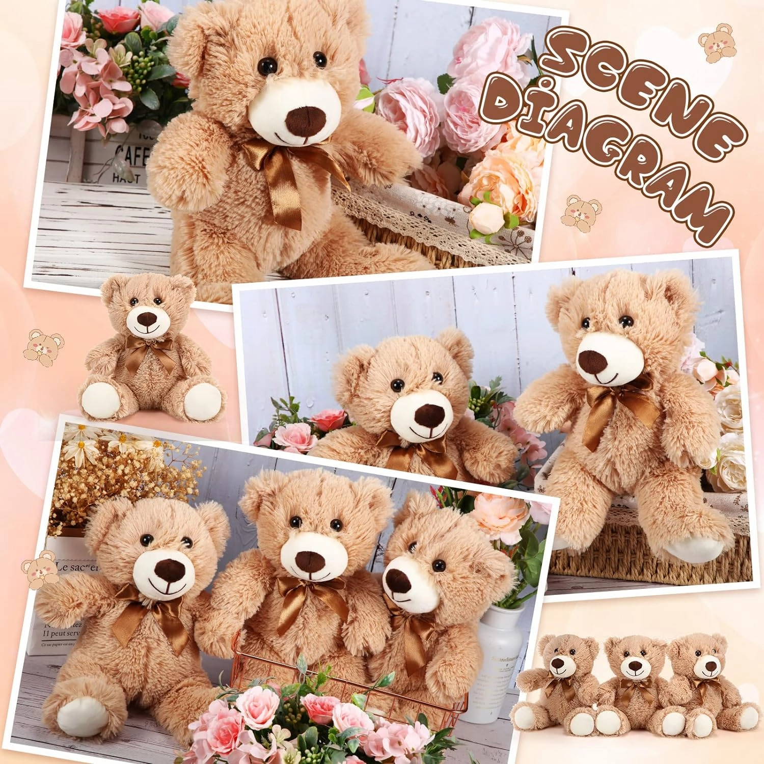 Skylety 10 Pcs Bears Bulk 10-14 Inches Stuffed Animal Plush Toys Birthday Party Favors(Light Brown)
