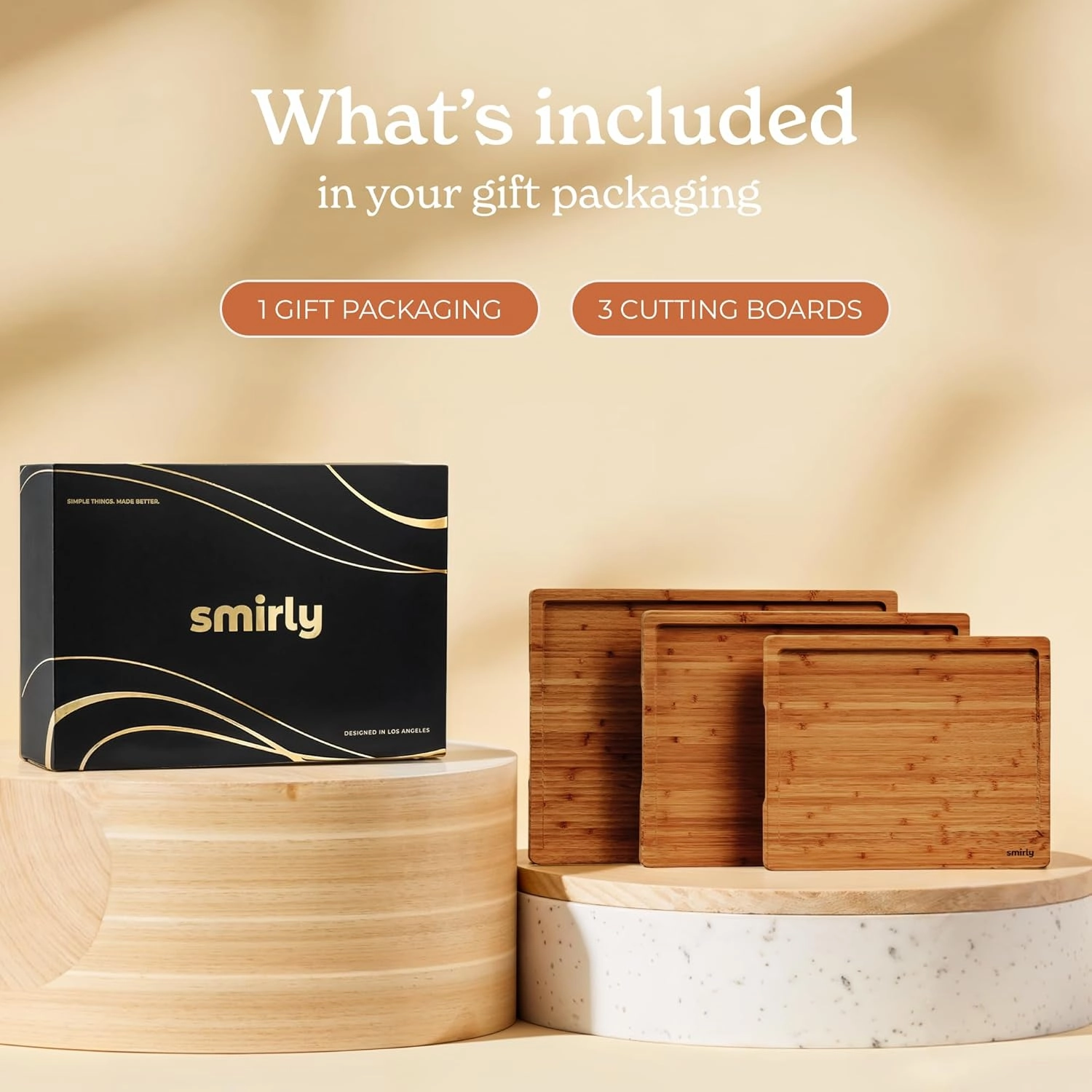 SMIRLY Bamboo Wooden Cutting Boards, Wood Cutting Board for Kitchen, Set of 3 with Holder & Deep Juice Grooves, Ideal for Chopping Meat Vegetables, Charcuterie Cheese Serving Tray, Kitchen Gadgets