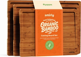 SMIRLY Bamboo Wooden Cutting Boards, Wood Cutting Board for Kitchen, Set of 3 with Holder & Deep Juice Grooves, Ideal for Chopping Meat Vegetables, Charcuterie Cheese Serving Tray, Kitchen Gadgets