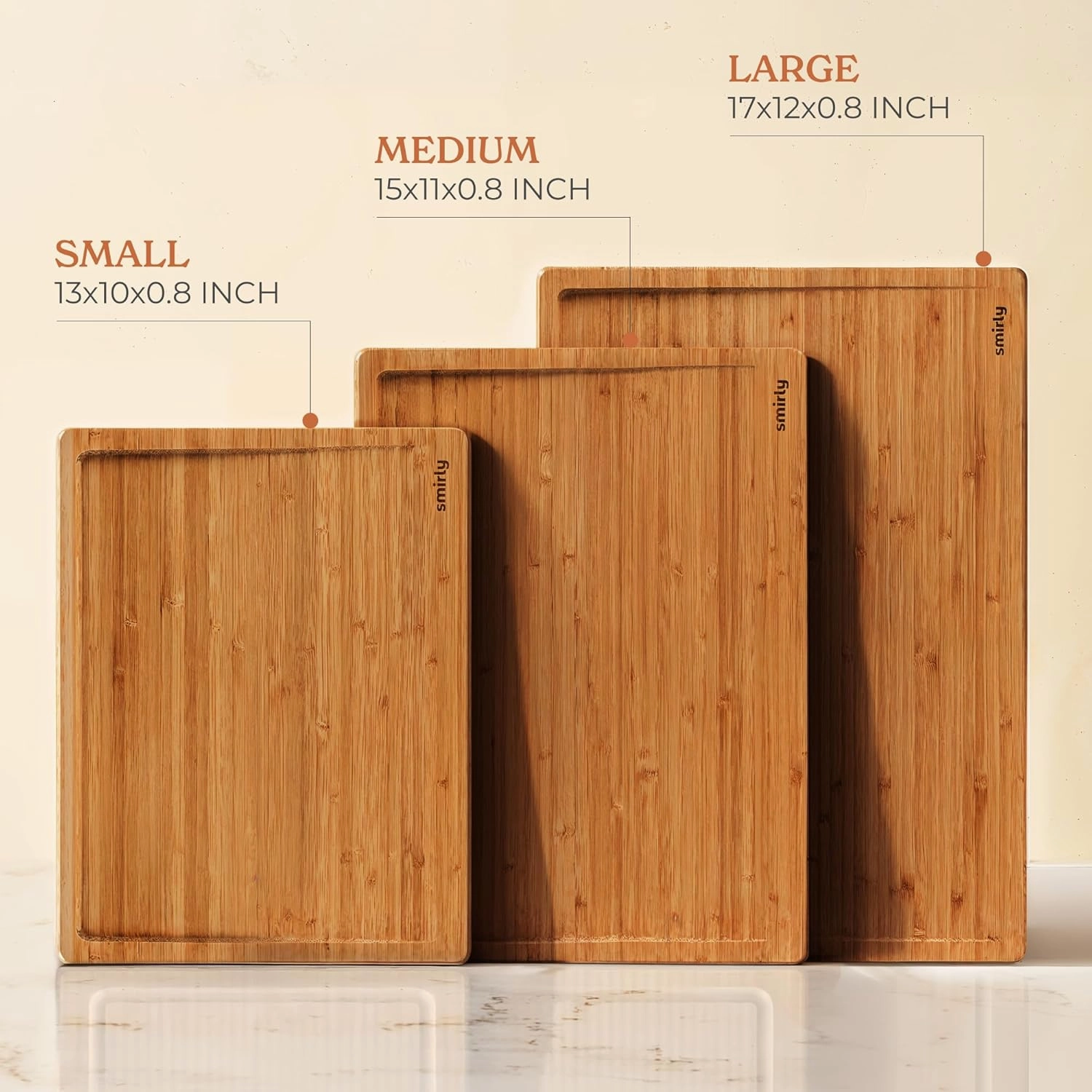 SMIRLY Bamboo Wooden Cutting Boards, Wood Cutting Board for Kitchen, Set of 3 with Holder & Deep Juice Grooves, Ideal for Chopping Meat Vegetables, Charcuterie Cheese Serving Tray, Kitchen Gadgets