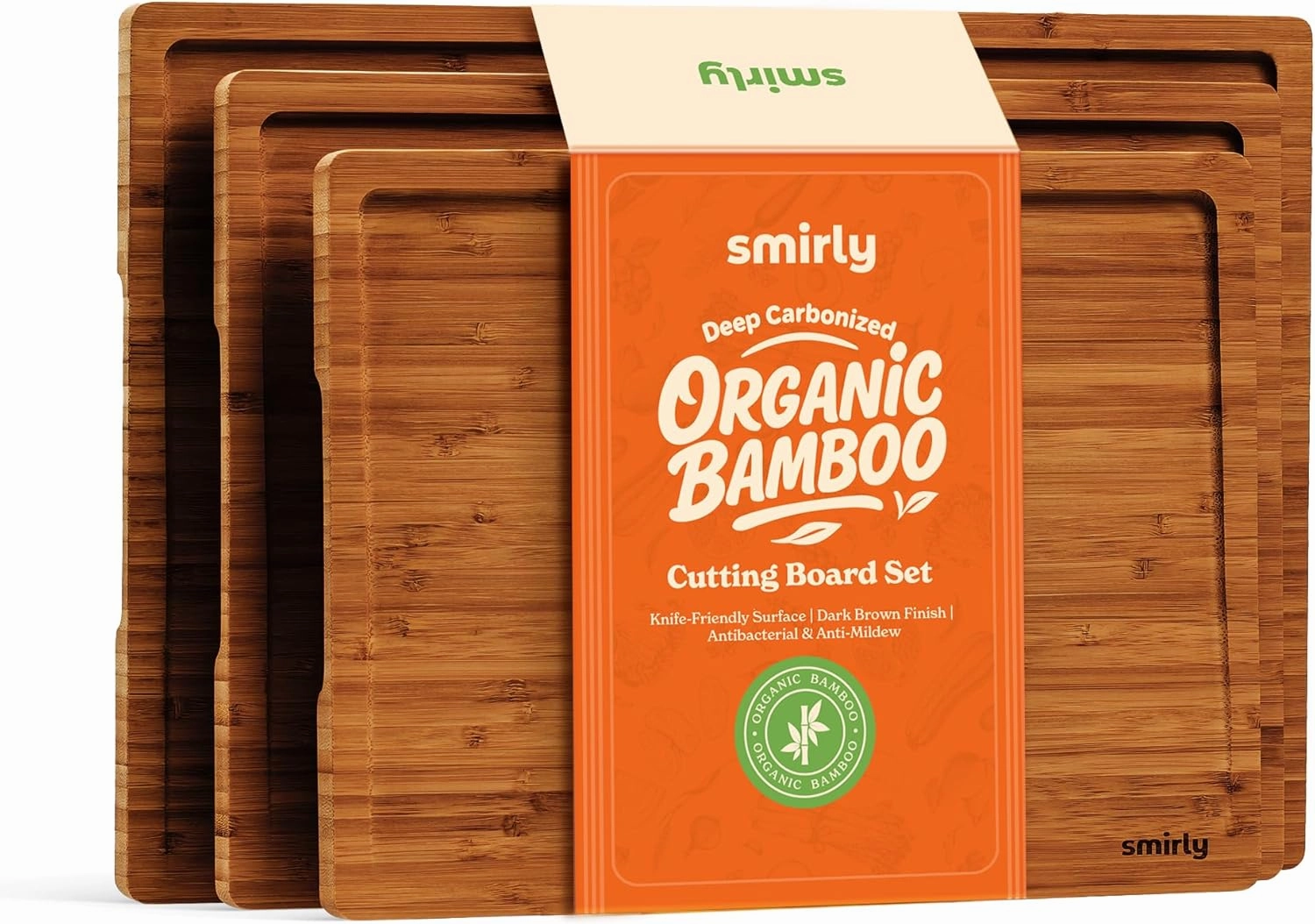 SMIRLY Bamboo Wooden Cutting Boards, Wood Cutting Board for Kitchen, Set of 3 with Holder & Deep Juice Grooves, Ideal for Chopping Meat Vegetables, Charcuterie Cheese Serving Tray, Kitchen Gadgets