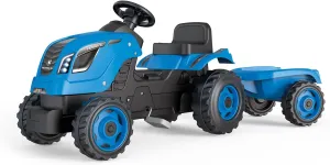 Smoby - Farmer XL Blue Tractor   Trailer - Child Pedal Tractor - Adjustable Seat - Steering Wheel with Horn - Open Hood - 710129