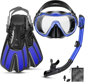 Snorkeling Gear for Adults, 4 in 1 Travel Size Mask Fins Snorkel Set with Panoramic View Anti Fog Mask, Dry Top Snorkel, Trek Fins and Travel Bag, Snorkel Gear for Swimming Diving Snorkeling
