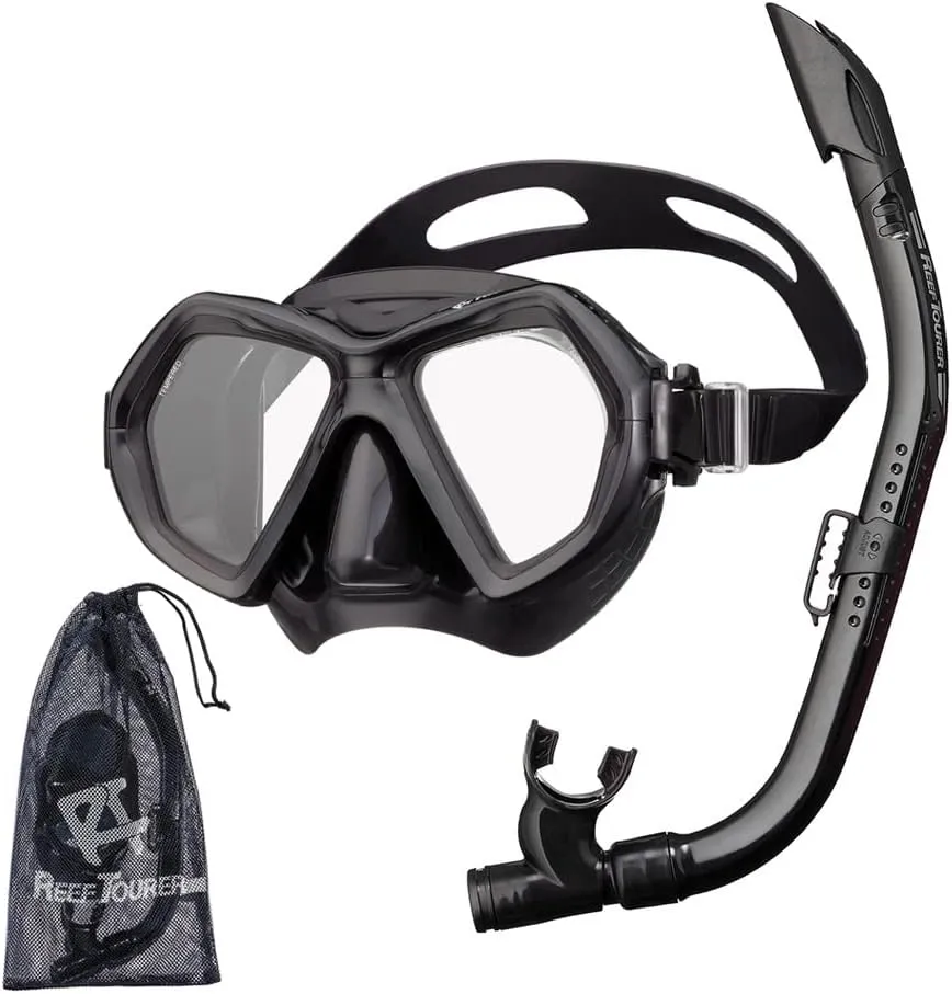 Snorkeling Gear for Adults Age 10 , 2 Window Adult Snorkel Mask & Snorkel Set, Semi-Dry Top, Panoramic Wide View Snorkel Mask, Swimming Diving Mask Diving Package w/Travel Bag RC0107