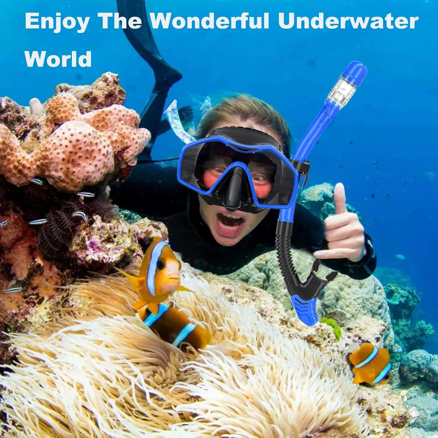 Snorkeling Gear for Adults,Mask Fins Snorkel Set,Panoramic View Diving Mask Anti-Fog,Dry Snorkel,Adjustable Swim Flippers and Travel Bag,Adults Snorkel Gear for Swimming Snorkeling Diving