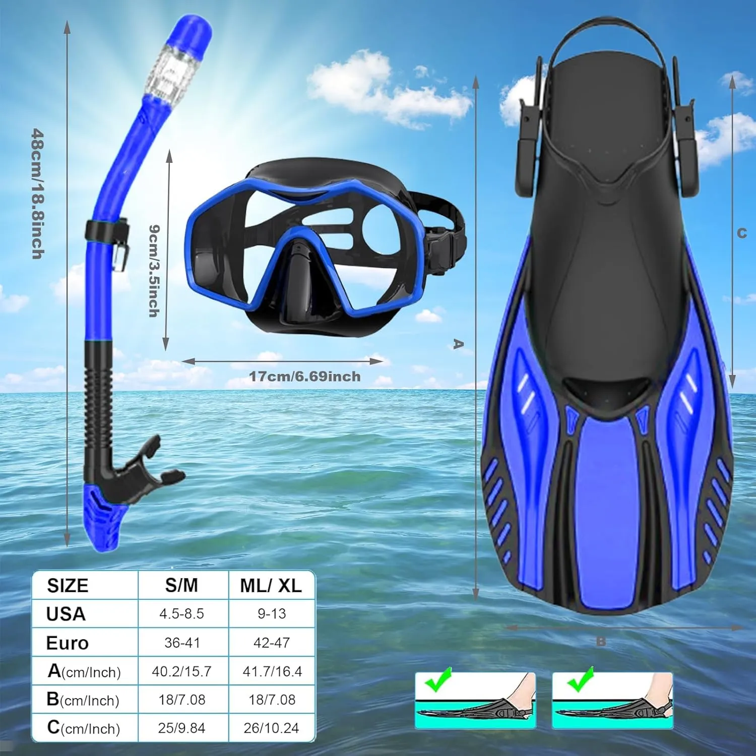 Snorkeling Gear for Adults,Mask Fins Snorkel Set,Panoramic View Diving Mask Anti-Fog,Dry Snorkel,Adjustable Swim Flippers and Travel Bag,Adults Snorkel Gear for Swimming Snorkeling Diving