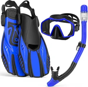 Snorkeling Gear for Adults,Mask Fins Snorkel Set,Panoramic View Diving Mask Anti-Fog,Dry Snorkel,Adjustable Swim Flippers and Travel Bag,Adults Snorkel Gear for Swimming Snorkeling Diving