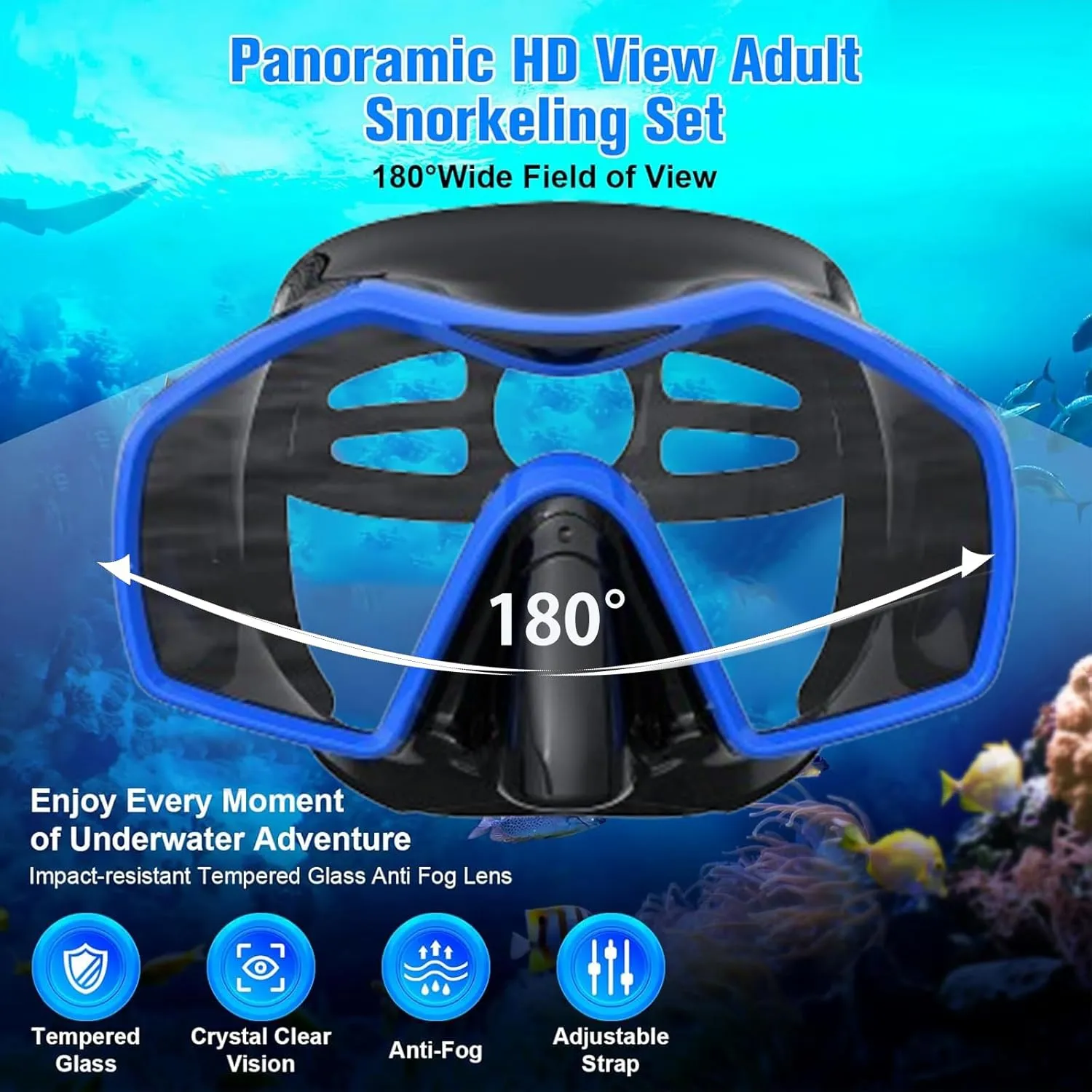 Snorkeling Gear for Adults,Mask Fins Snorkel Set,Panoramic View Diving Mask Anti-Fog,Dry Snorkel,Adjustable Swim Flippers and Travel Bag,Adults Snorkel Gear for Swimming Snorkeling Diving