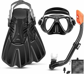 Snorkeling Gear for Kids Ages 6-14, 4 in 1 Kids Mask Fins Snorkel Set with Panoramic View Anti Fog Mask, Dry Top Snorkel, Trek Fins and Travel Bag, Kids Snorkel Set for Youth Teens Junior