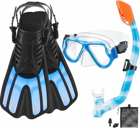Snorkeling Gear for Kids Ages 6-14, 4 in 1 Kids Mask Fins Snorkel Set with Panoramic View Anti Fog Mask, Dry Top Snorkel, Trek Fins and Travel Bag, Kids Snorkel Set for Youth Teens Junior