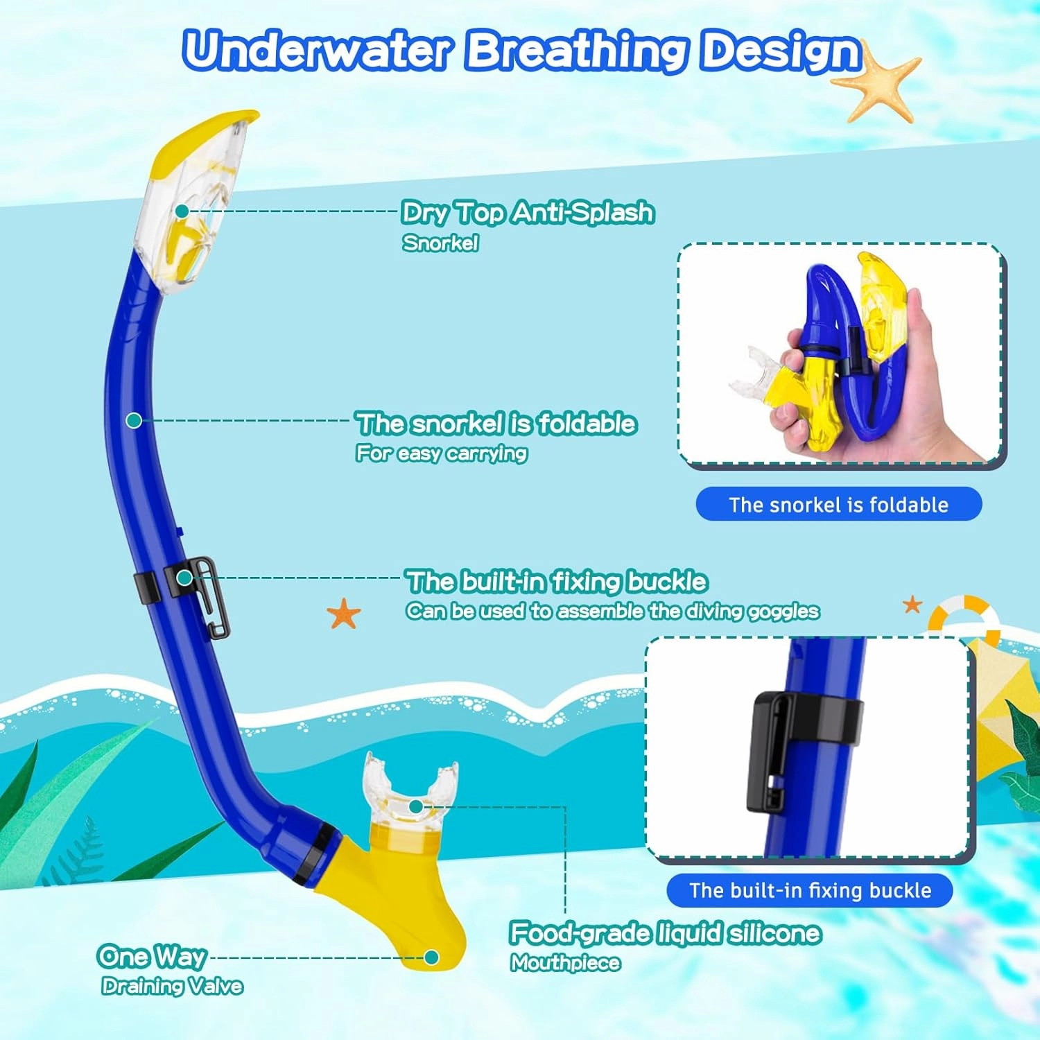 Snorkeling Gear for Kids with Foldable Silicone Full Dry Snorkel, Kids Snorkel Set Anti Leak Youth Junior Snorkeling Package Diving Mask Soft Tube with Mesh Bag Scuba Swimming Goggles