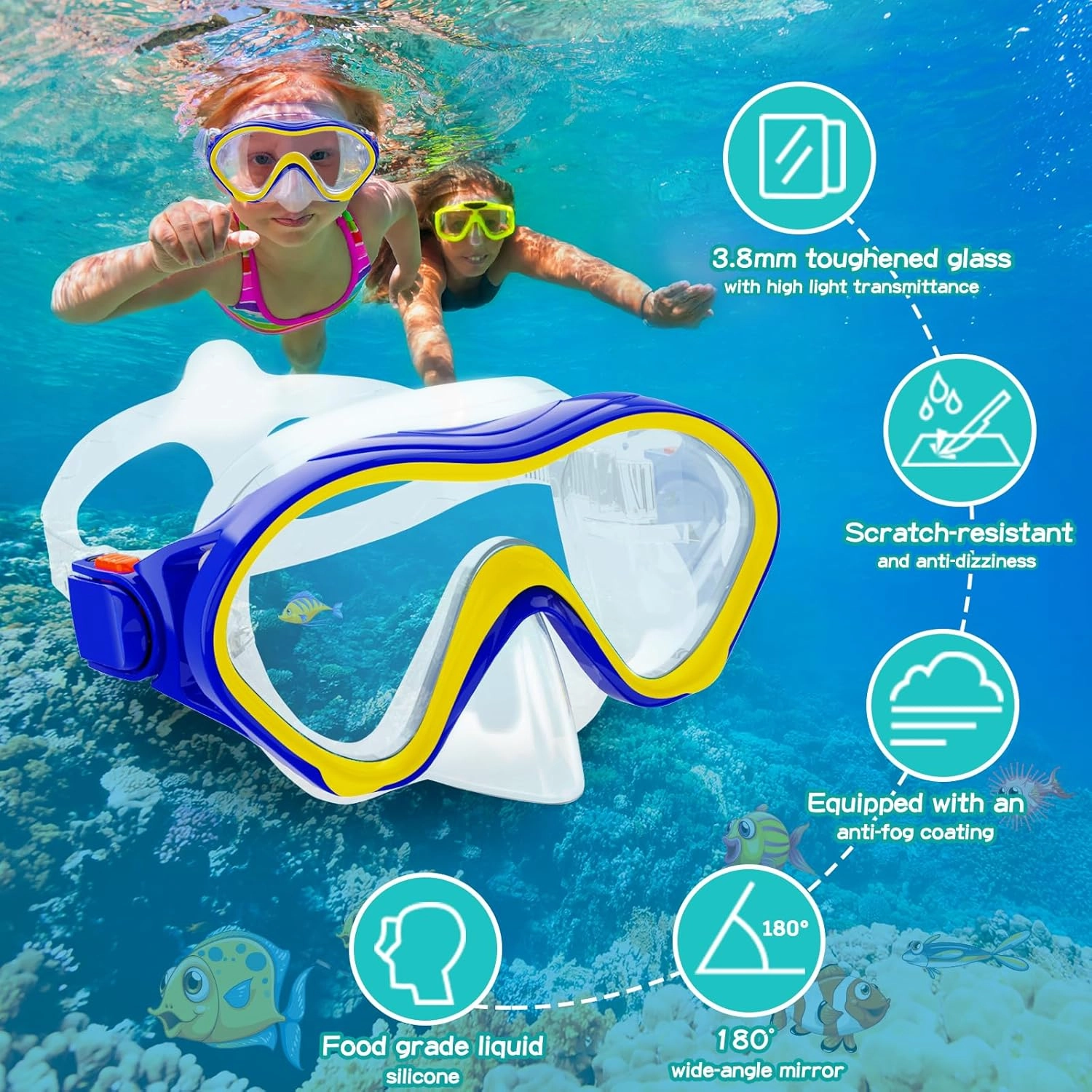 Snorkeling Gear for Kids with Foldable Silicone Full Dry Snorkel, Kids Snorkel Set Anti Leak Youth Junior Snorkeling Package Diving Mask Soft Tube with Mesh Bag Scuba Swimming Goggles