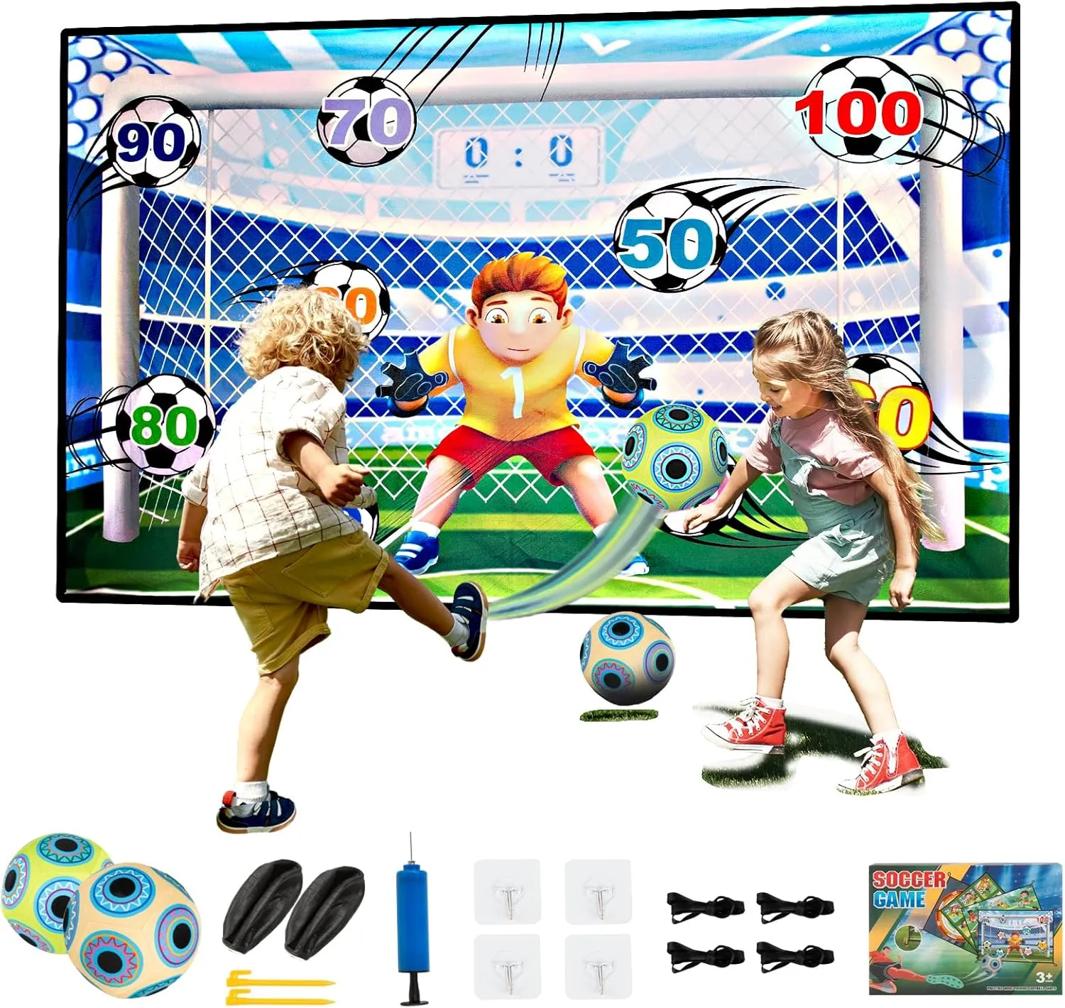 Soccer Game Mat Set for 3 4 5 6 7 8 Years Old Kids Toddler, Outdoor Backyard Indoor Mini Soccer Toss Toys, with 2 Velcro Soccer Balls Boys Girls Training Goals Birthday Gifts