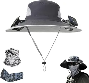Solar Powered Outdoor Fishing Hat - Solar Powered Hat Fan, Sombrero Con Ventilador, Wide Brim Sun Hats for Men with 2 Fans