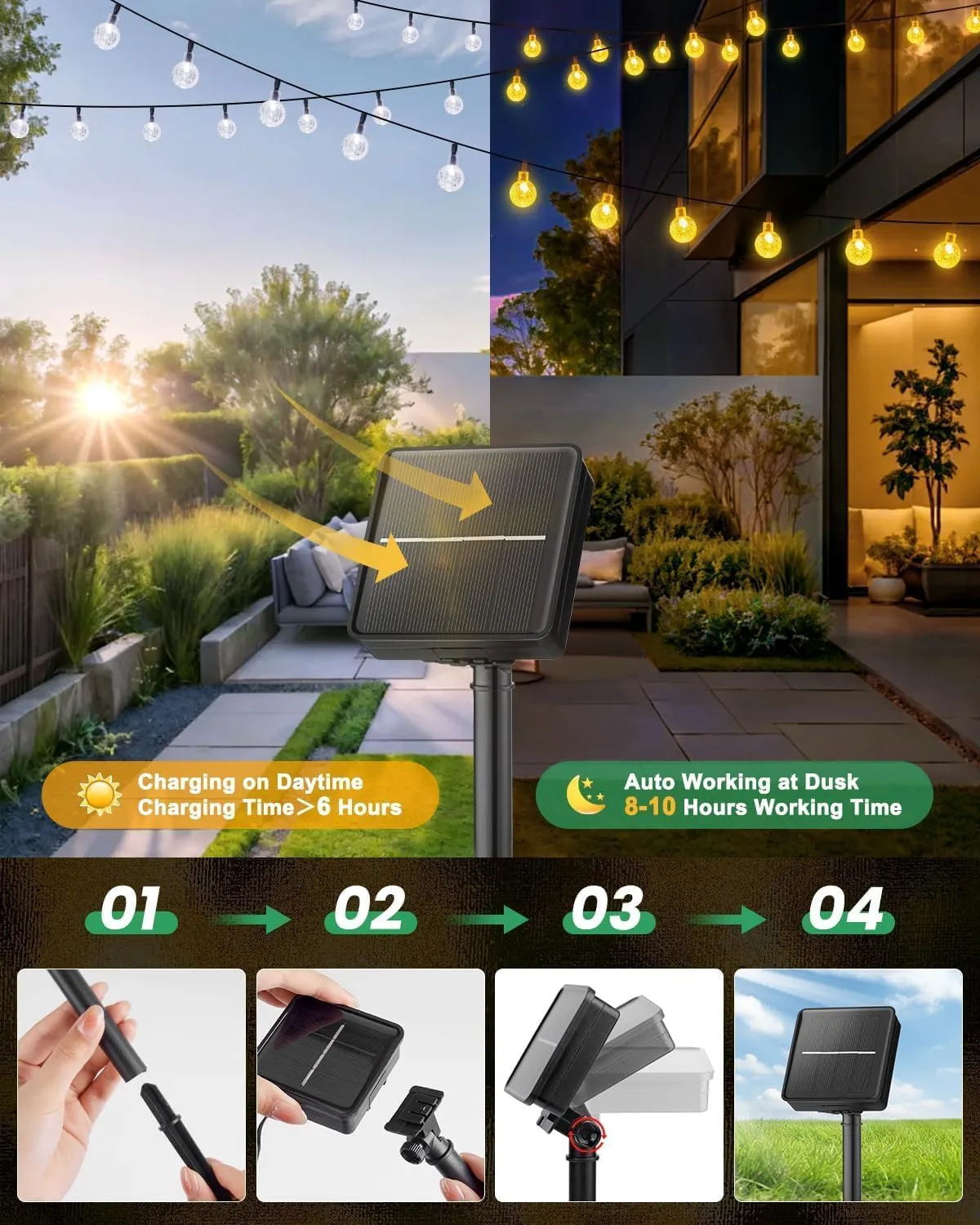 Solar String Lights Outdoor 60 LED 36FT with 8 Lighting Modes, Waterproof Solar Powered Crystal Globe Patio Lights for Garden Yard Porch Wedding Party Decor (Warm White)