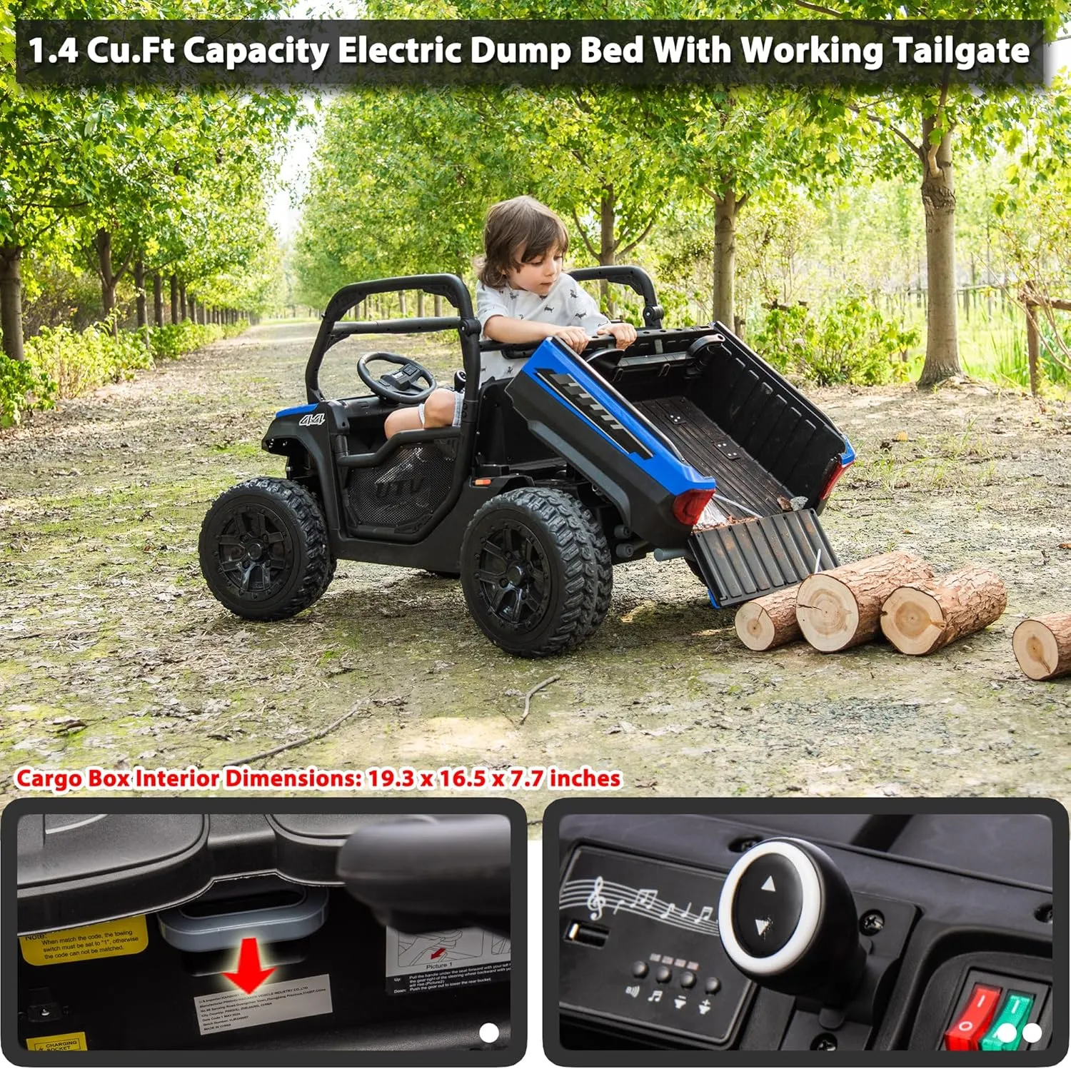 sopbost 10Ah 24V Ride On Toys for Big Kids to Drive 2 Seater Ride On Car with Remote Control Electric Vehicle Side by Side UTV with Large Dump Bed, 4x75W Motors, Blue & Black