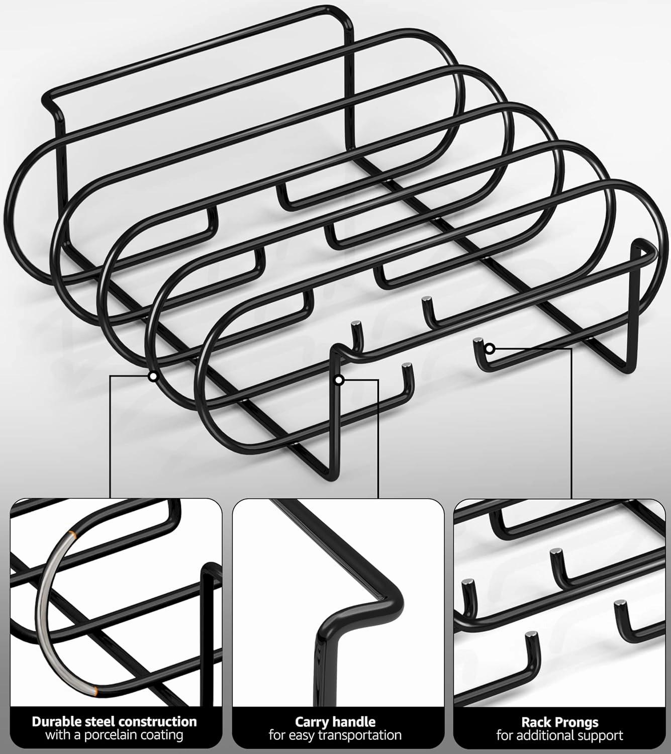 Sorbus® Non-Stick Rib Rack - Porcelain Coated Steel Roasting Stand – Holds 4 Rib Racks for Grilling & Barbecuing - Perfect BBQ Accessories for Smoker and Grill - Durable and Convenient Design (Black)
