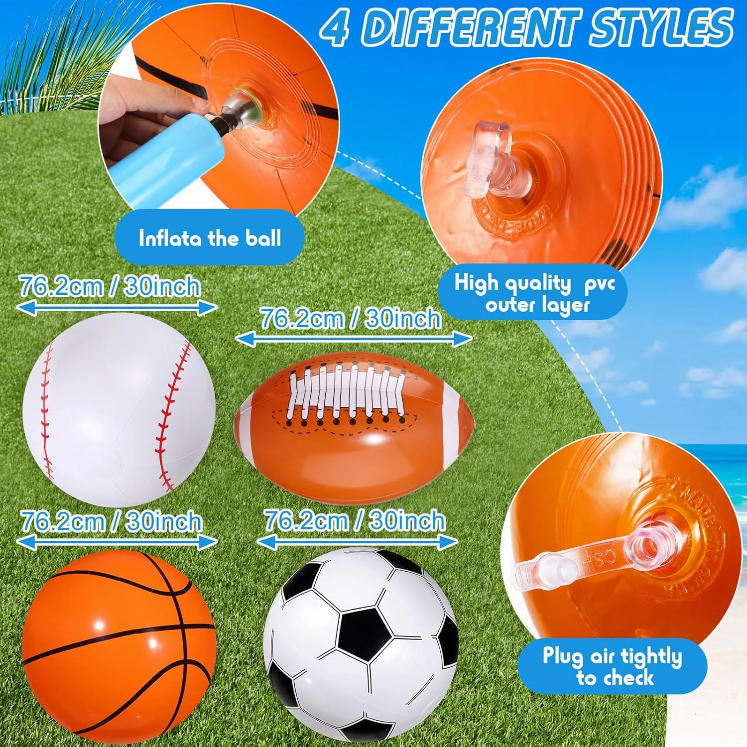 Sosation 4 Pcs Giant Inflatable Beach Ball 30inch Large Baseball Soccer Basketball Football 2.5ft Inflatable Sport Ball for Summer Pool Beach Outdoor Sports Themed Party(Various Style)