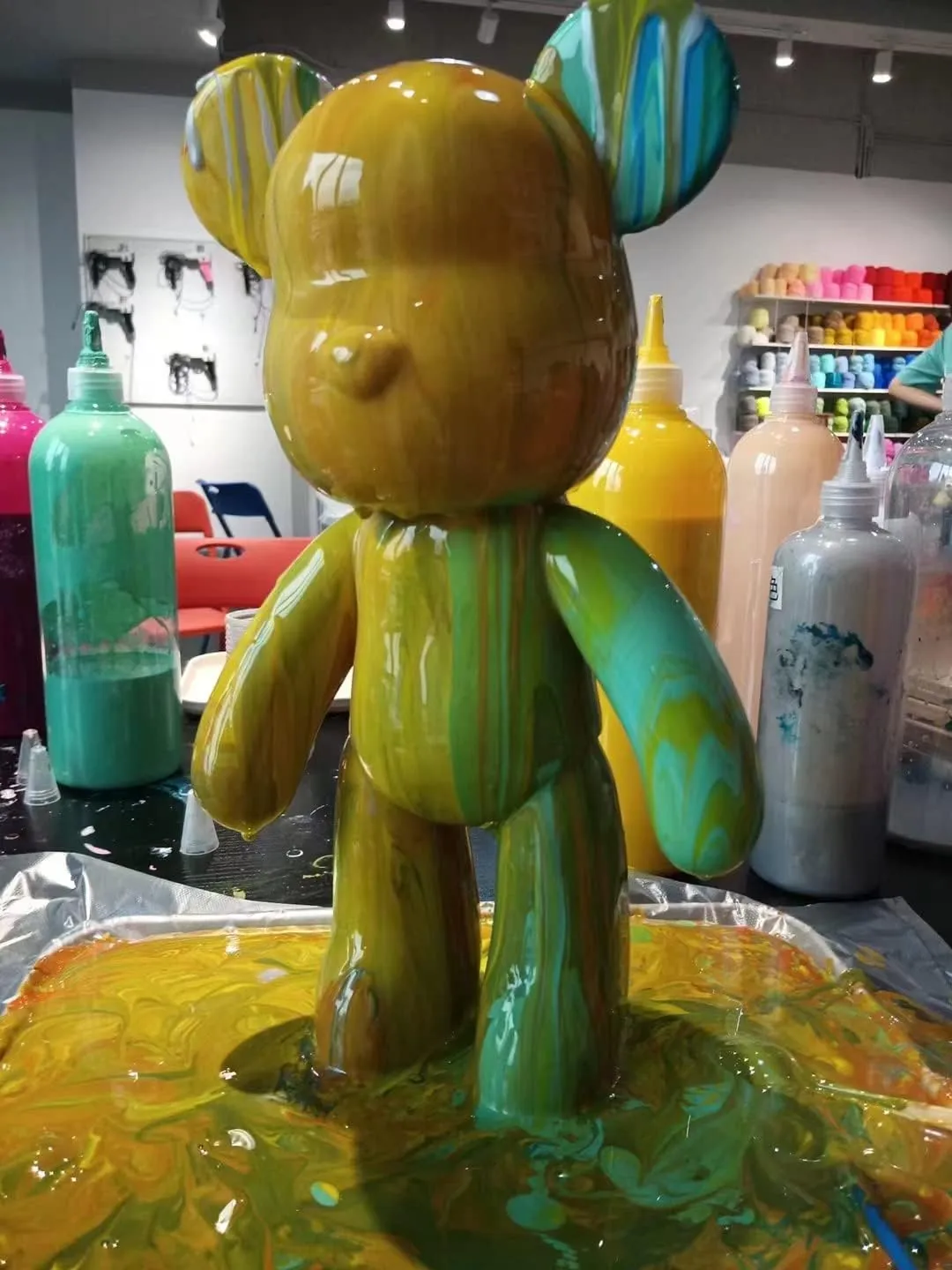 SOUFEEL DIY Fluid Bear Painting Kit, Teddy Bear Violent Bear Creative Home Decoration Handmade Doll for Birthday Gift, DIY Kits for Adults, 9.05 inch, white pink yellow, (PJJ6-1776-1)