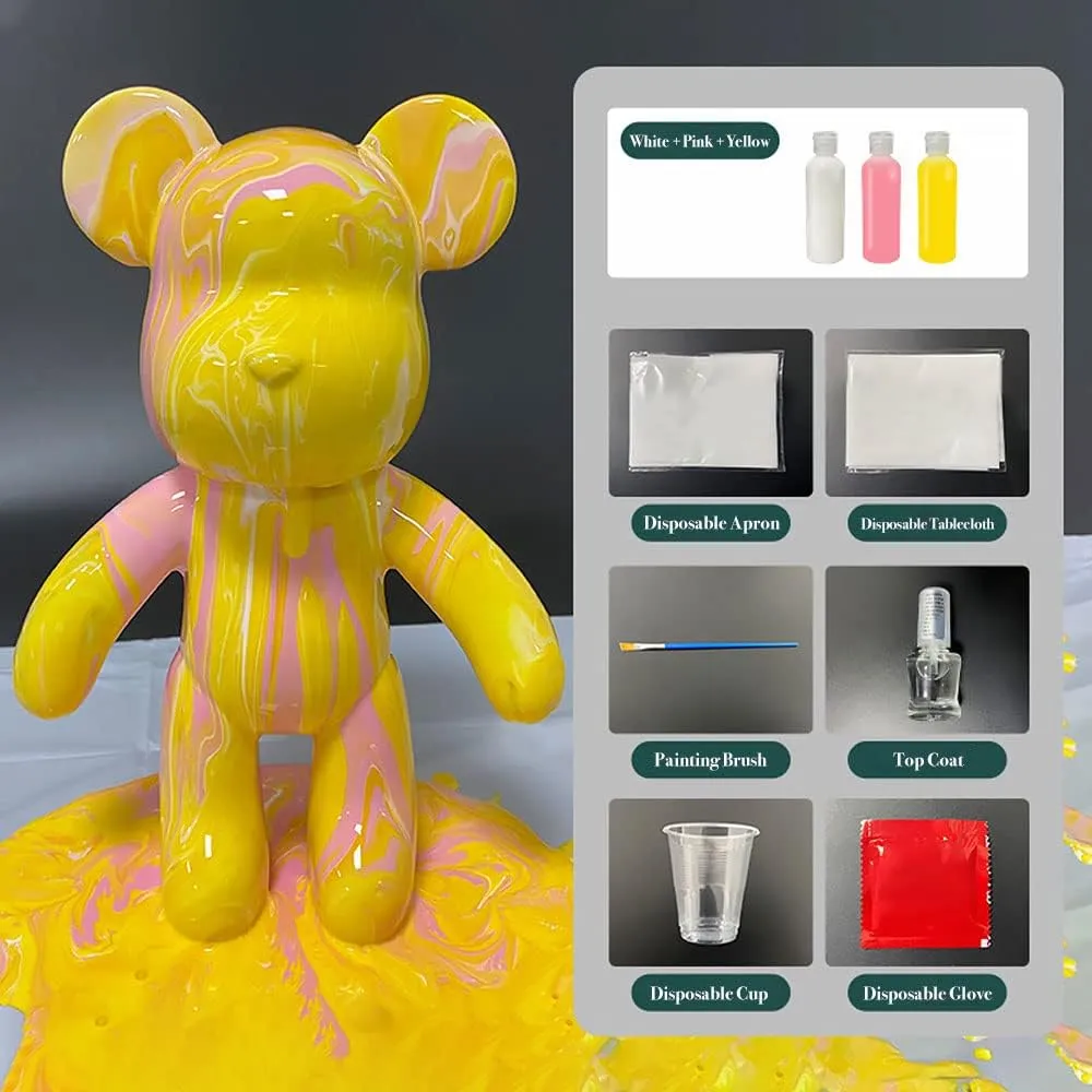 SOUFEEL DIY Fluid Bear Painting Kit, Teddy Bear Violent Bear Creative Home Decoration Handmade Doll for Birthday Gift, DIY Kits for Adults, 9.05 inch, white pink yellow, (PJJ6-1776-1)