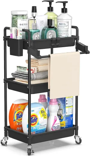 SPACEKEEPER Rolling Storage Cart, 3 Tier Utility Cart Laundry Room Organization Mobile Shelving Unit Bathroom Organizer with Towel Rack, Lockable Wheel, Hooks & Cup for Kitchen Office, Black