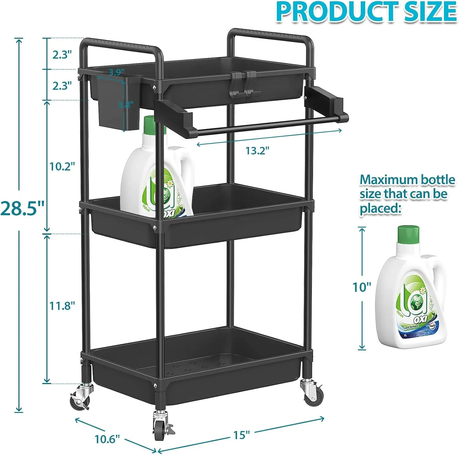 SPACEKEEPER Rolling Storage Cart, 3 Tier Utility Cart Laundry Room Organization Mobile Shelving Unit Bathroom Organizer with Towel Rack, Lockable Wheel, Hooks & Cup for Kitchen Office, Black