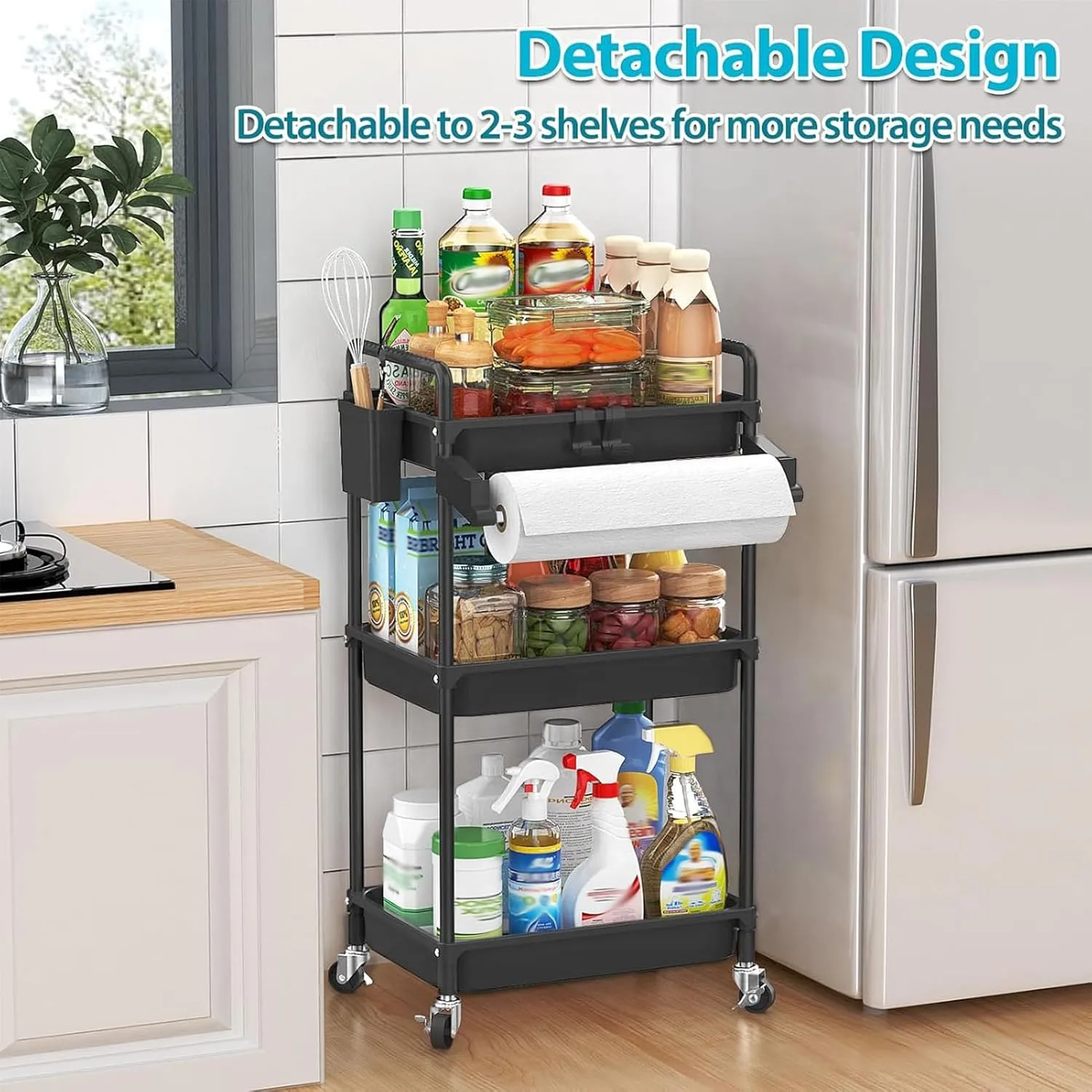 SPACEKEEPER Rolling Storage Cart, 3 Tier Utility Cart Laundry Room Organization Mobile Shelving Unit Bathroom Organizer with Towel Rack, Lockable Wheel, Hooks & Cup for Kitchen Office, Black