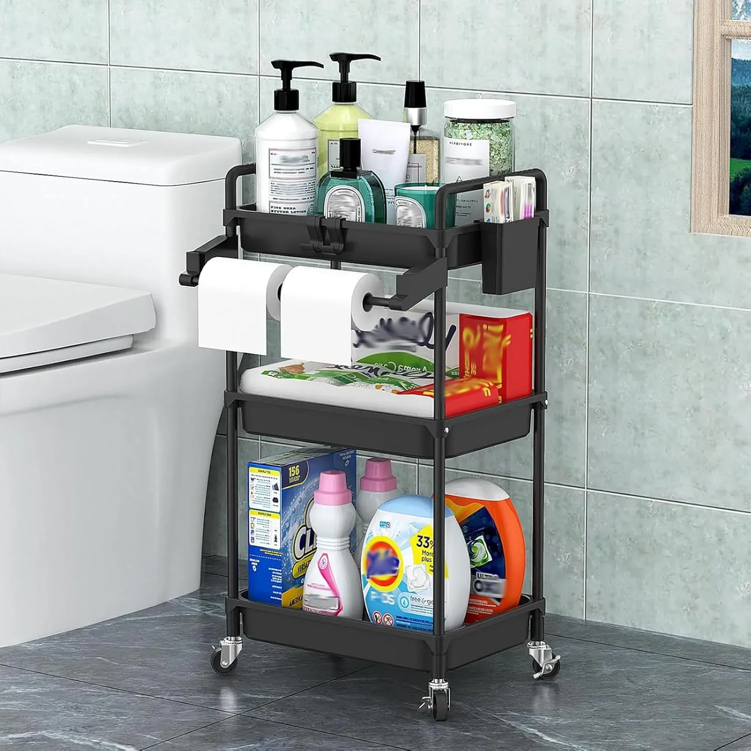 SPACEKEEPER Rolling Storage Cart, 3 Tier Utility Cart Laundry Room Organization Mobile Shelving Unit Bathroom Organizer with Towel Rack, Lockable Wheel, Hooks & Cup for Kitchen Office, Black