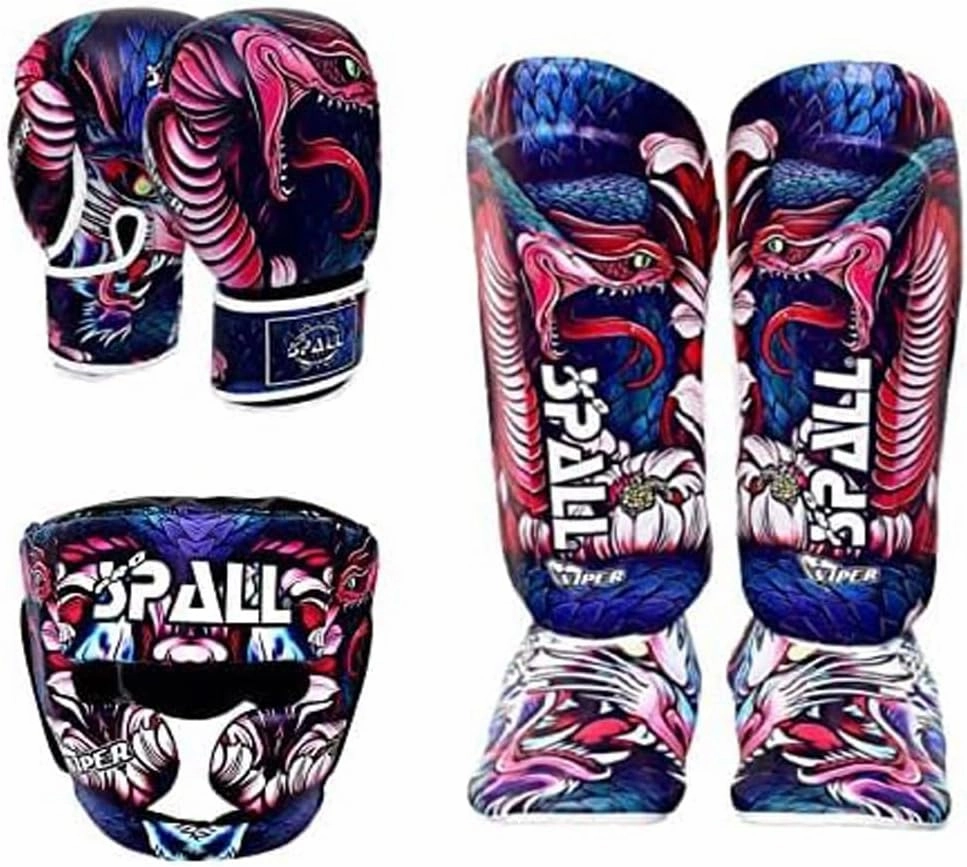 Spall Pro US Boxing Training Set – Viper Style Synthetic Leather Boxing Gloves with Boxing Gear Shin Instep , MMA Training with Shin Pads for Kids Adults, Martial Arts ion Set