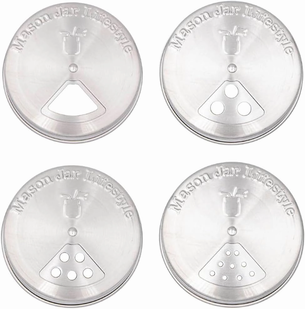 Spice Shaker Adjustable Stainless Steel Lids for Mason Jars (4 Pack, Regular Mouth)