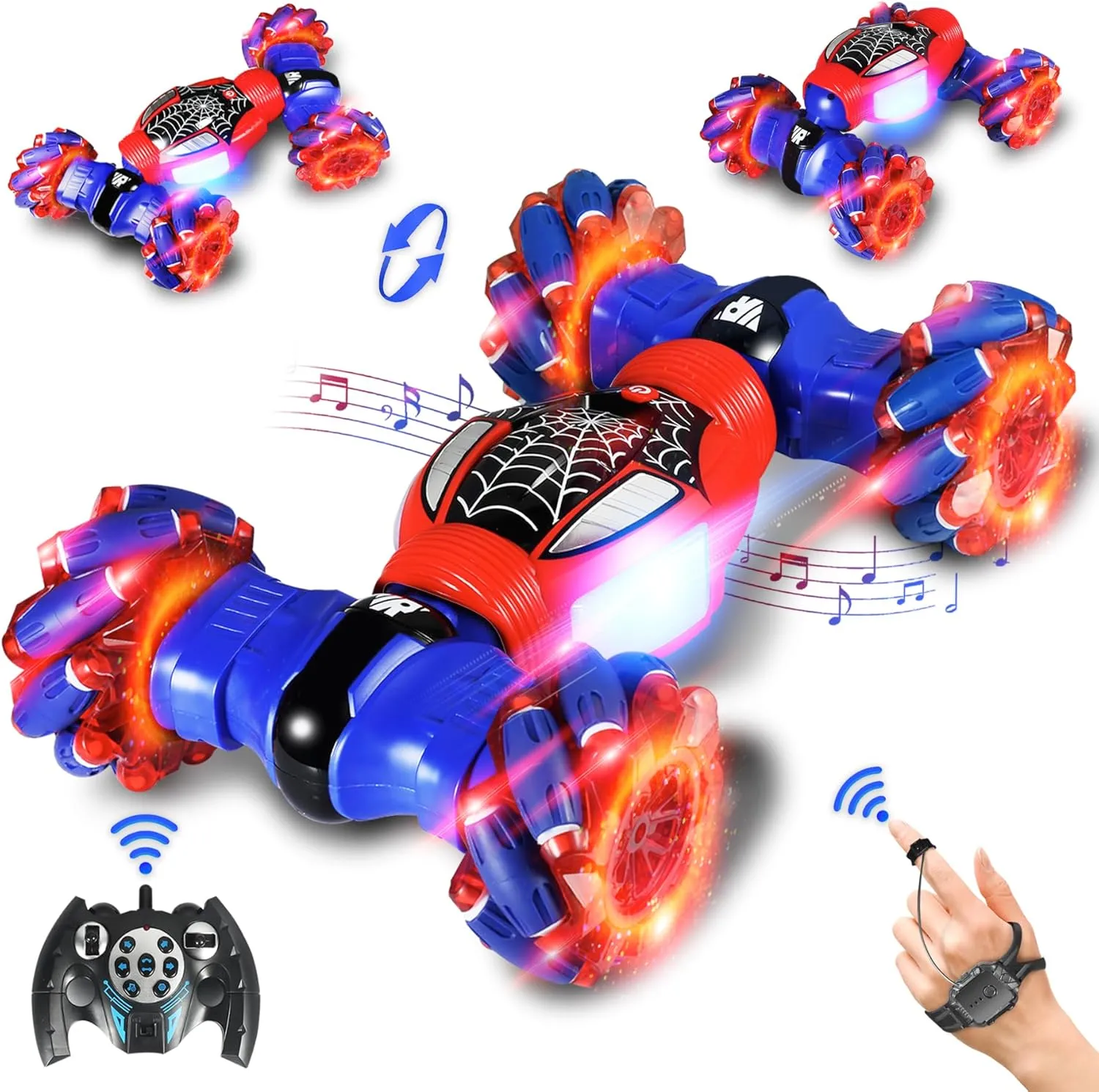 Spider Gesture Sensing RC Stunt Car with Lights & Music Boys Toys for Ages 5-7 8-13, 2.4GHz 4WD Hand-Controlled 360° Rotation RC Drift Twist Car, Transform Off Road Remote Control Spider Toy Car