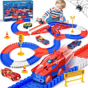 Spider Toys for Boys 3-4: 251 PCS Spider Race Track with 5 Alloy Cars Toys for 3 4 5 6 Year Old Boys Car Tracks for Kids Toddler Boys Age 3-5 4-6 6-8 Birthday Gifts