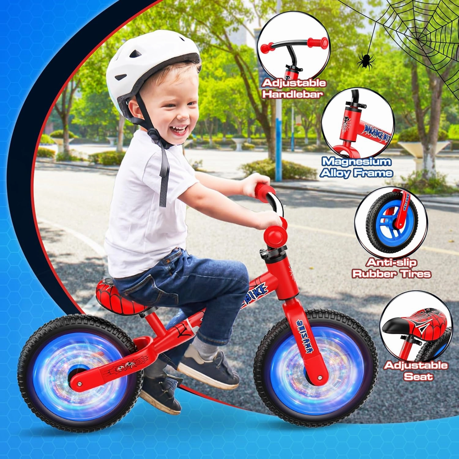 Spider Balance Bike 2 3 4 5 Year Old: Toddler Bike with 12 Inch Lighting Wheel No Pedal Outdoor Toys Birthday Gifts for 2  Year Old Boy Girl Toddlers Kids
