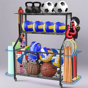 Sports Equipment Organizer for Garage, Ball Storage Rack, Heavy Duty Steel Toy Organizers with Two Wire Mesh Bins, 360°Wheels for Volleyball, basketball, Football, Gear Ball and Gym, Outdoor, Indoor