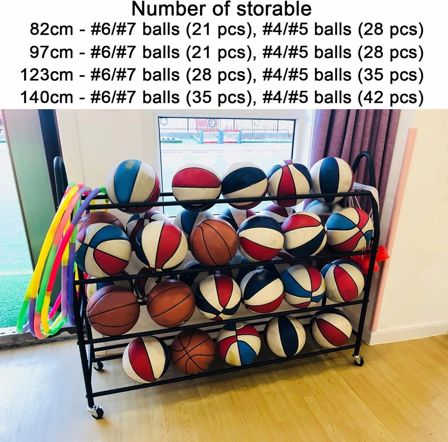 Sports Equipment Storage 4 Tier Rolling Basketball Cart with Lockable Wheels, Indoor Outdoor Sports Rack Ball Storage for Basketballs Footballs Volleyball (Black L 97cm(3