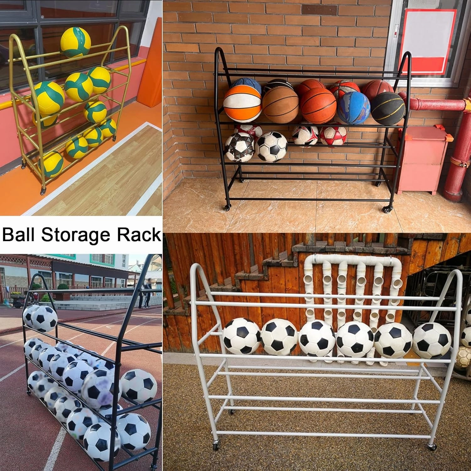 Sports Equipment Storage 4 Tier Rolling Basketball Cart with Lockable Wheels, Indoor Outdoor Sports Rack Ball Storage for Basketballs Footballs Volleyball (Black L 97cm(3