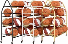 Sports Equipment Storage 4 Tier Rolling Basketball Cart with Lockable Wheels, Indoor Outdoor Sports Rack Ball Storage for Basketballs Footballs Volleyball (Black L 97cm(3