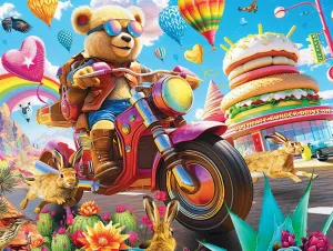 Springbok Easy Rider 500 Piece Jigsaw Puzzle for Adults and Kids - Teddy Bear on a Motorcycle Riding Through a Colorful Desert with Rainbows, Cactus and Jack Rabbits Scattering Around him