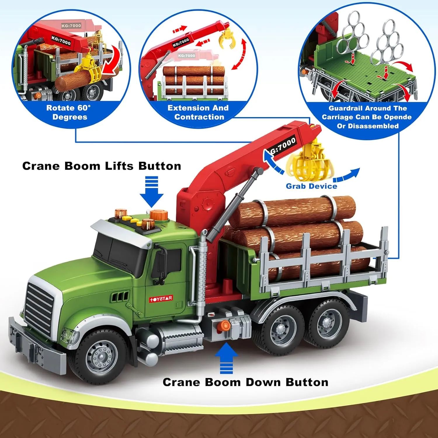 SpringFlower Toy for 3 4 5 6 Year Old Boys, Farm Truck Toy with Farm Trunk,Vehicle Timber Truck Toy with Loading Crane & Lights & Sounds, Kids Birthday Gifts for Boys Toddlers Girls