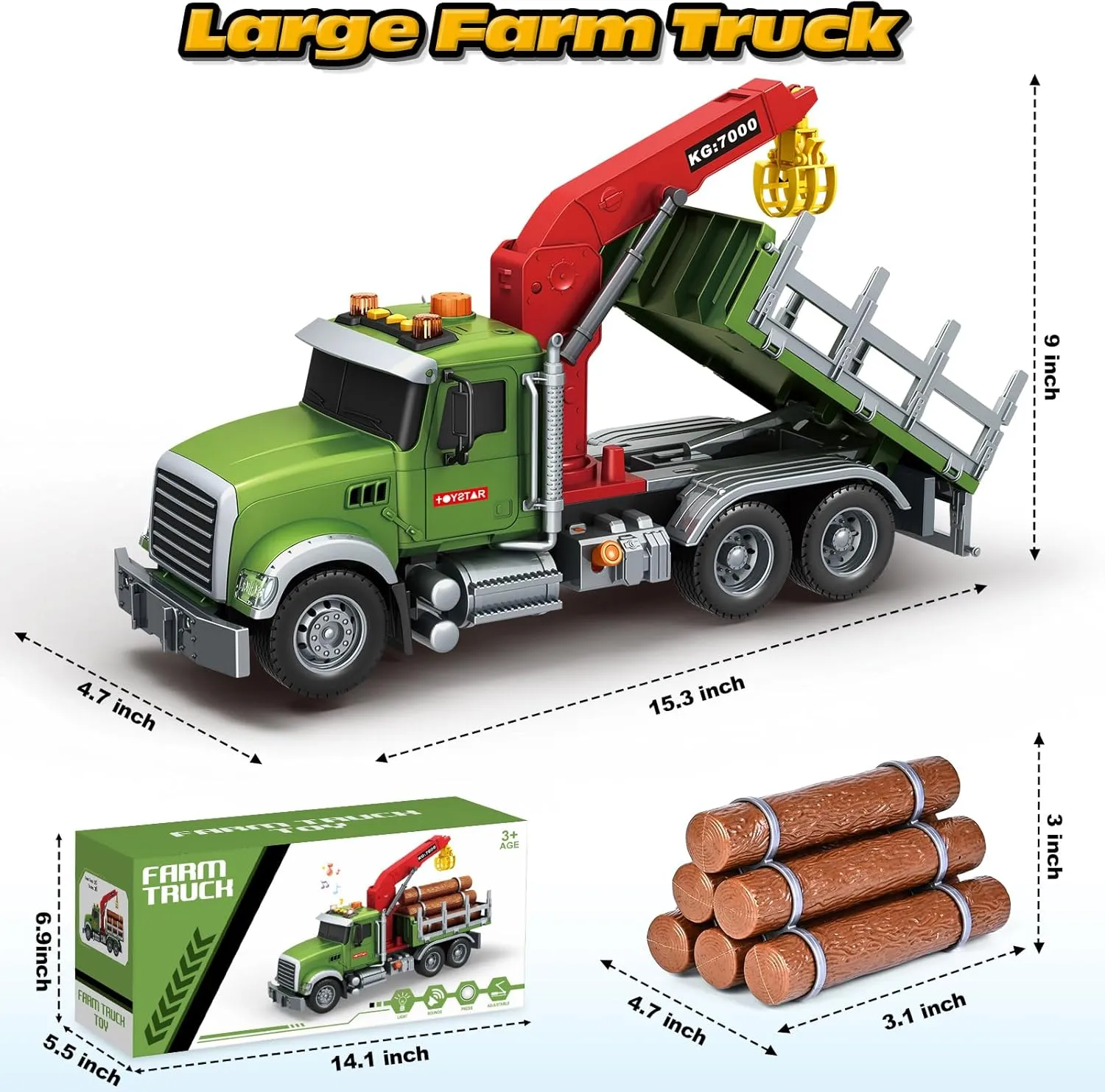 SpringFlower Toy for 3 4 5 6 Year Old Boys, Farm Truck Toy with Farm Trunk,Vehicle Timber Truck Toy with Loading Crane & Lights & Sounds, Kids Birthday Gifts for Boys Toddlers Girls